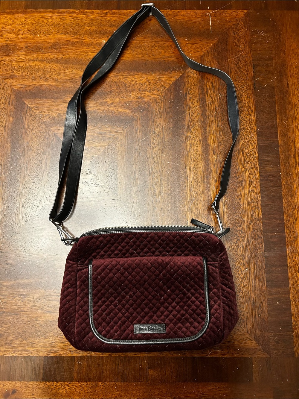 Vera Bradley Quilted Velvet Carson Crossbody Blackberry Wine Black Strap